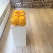 painting / sculpture comprising 8 yellow spheres of acrylic paint in a perspex box