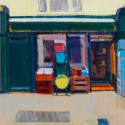 a painting in acrylic of a DIY shop with a range of colorful buckets piled up outside