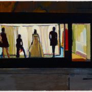 a painting of a bright shopfront with dressed mannequins seen from outside at night