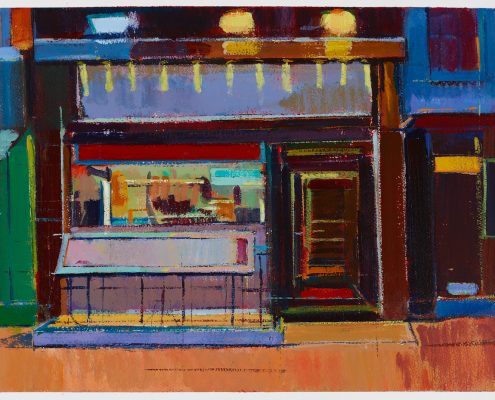 Acrylic painting of a shopfront predominantly warm reds, by artist Daniel Preece