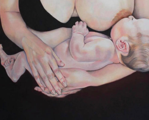 close up pastel drawing of baby breastfeeding Leanne Pearce, Cat and Archer, 122x183cm.