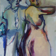 semi- abstract oil painting of a couple- a man in a white shirt and tie and a woman in pale pink