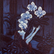 Orchid Baby by Wuon-Gean Ho. Two colour linocut and monoprint, 15 x 20 cm