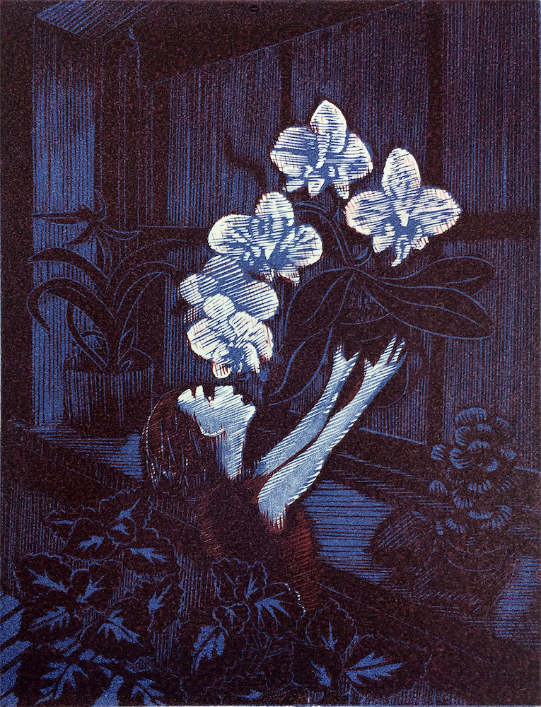 Orchid Baby by Wuon-Gean Ho. Two colour linocut and monoprint, 15 x 20 cm